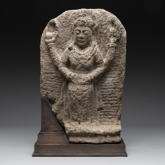 An Indonesian lavastone stele depicting goddess Durga, Central Java, 10/11th C.