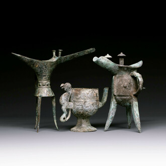 Three Chinese archaic bronze wine vessels, Zhou or later