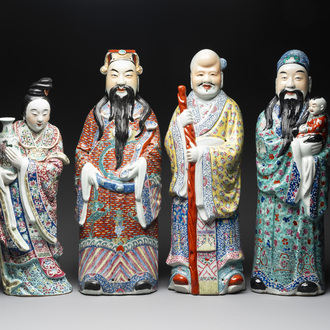 Three Chinese famille rose figures of star gods and a lady, Zhu Mao Ji Zao 朱茂記造 mark, Republic