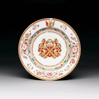A Chinese armorial export famille rose plate with the arms of Neufville for the Dutch market, Yongzheng
