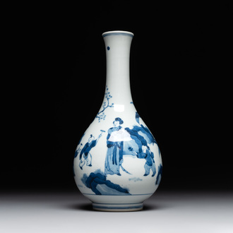 A Chinese blue and white bottle vase with court ladies and playing boys, Chenghua mark, Kangxi