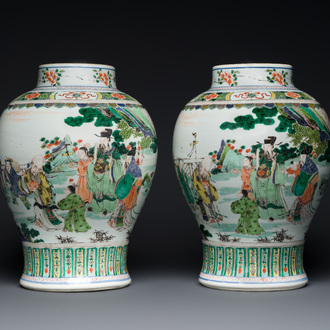 A pair of Chinese famille verte 'Shou Lao' vases, Kangxi