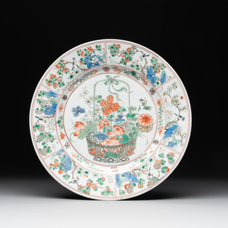 A Chinese famille verte 'flower basket' dish, ding mark, Kangxi