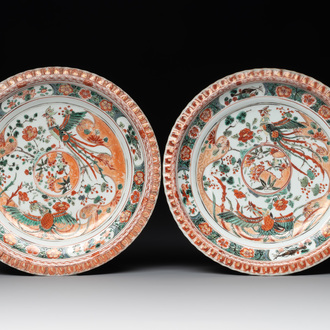 A pair of Chinese famille verte 'phoenix' plates, Kangxi