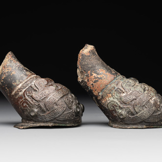 Two Chinese archaic bronze study fragments, Eastern Zhou