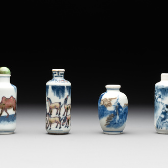 Four Chinese blue, white and copper-red snuff bottles, Yongzheng and Qianlong mark, 19th C.