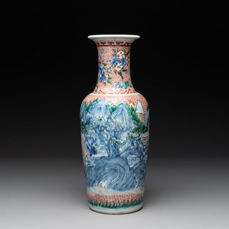 A Chinese wucai 'mountainous landscape' vase, Transitional period