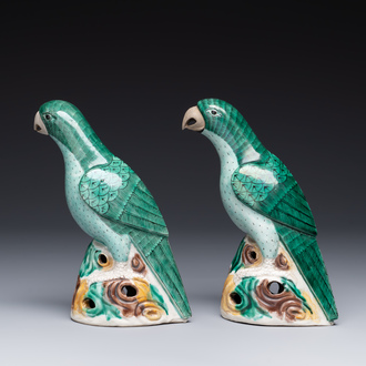 A pair of Chinese sancai-glazed parrots, Kangxi