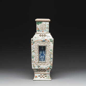 An extremely rare Chinese blue, white and famille verte openworked double-walled vase with figural design, 19th C.