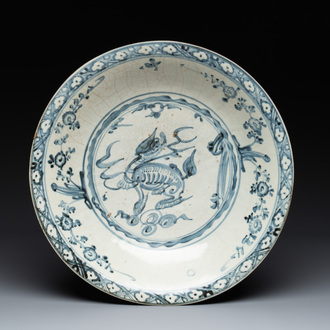 A Chinese Swatow blue and white 'kylin' dish, Ming