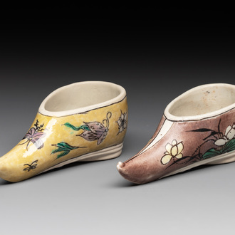 Two Chinese sancai-glazed shoes with flowers and butterflies design, Kangxi