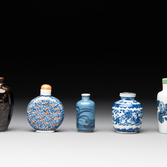 Five Chinese blue and white, iron-red and mirror-black-glazed snuff bottles, Qianlong mark, 19th C.