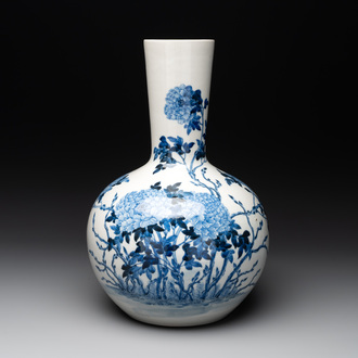 A Chinese blue and white 'tianqiuping' 'peony' vase, Qianlong mark, Republic