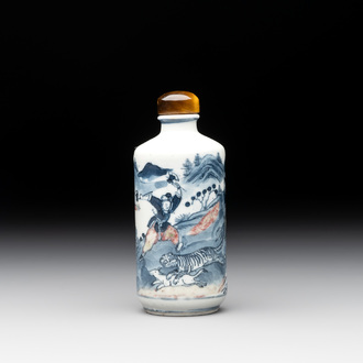 A Chinese blue, white and copper-red 'tiger hunt' snuff bottle, 19th C.