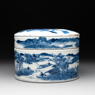 A rare Chinese blue and white cylindrical box and cover for the Chinese or Thai market, Jin Tang Fa Ji 錦堂發記 mark, Daoguang