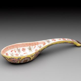 A rare Chinese imperial famille rose yellow-ground spoon, Guangxu mark and of the period