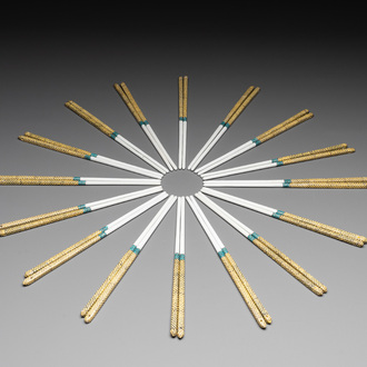 16 pairs of Chinese yellow- and turquoise-enamelled porcelain chopsticks, 20th C.