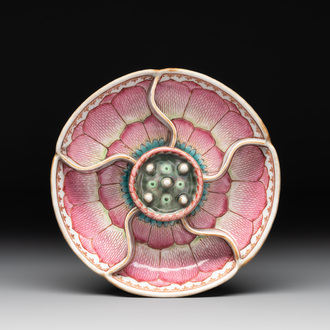 A rare Chinese famille rose compartmented 'lotus' spice box, Qianlong