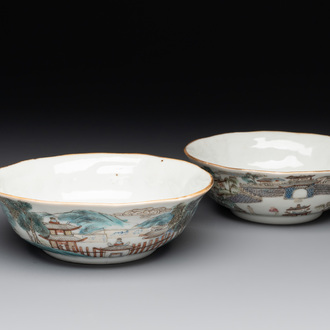 A pair of Chinese famille rose 'landscape' bowls, Daoguang mark and of the period