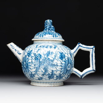 A blue and white Dutch Delft 'dragon' teapot, 18th C.