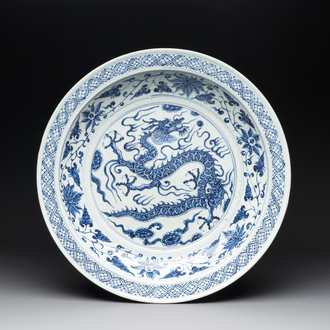 A large Chinese blue and white Yuan-style 'dragon' dish, probably 19th C.