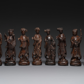 Eight Chinese hardwood figures of female deities, 19th C.