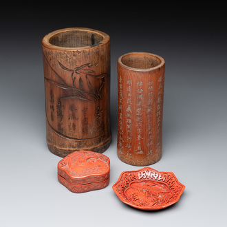 Two Chinese bamboo brush pots, signed Gu Heng 顧恆 and Lu Cheng 呂城, and a red cinnabar lacquer covered box and a saucer, 18/19th C.