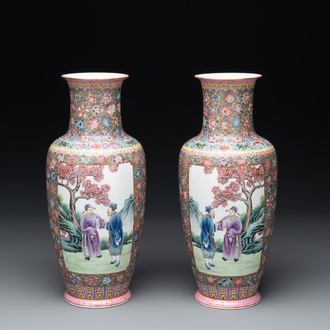 A pair of Chinese famille rose eggshell porcelain rouleau vases, Qianlong mark, Republic