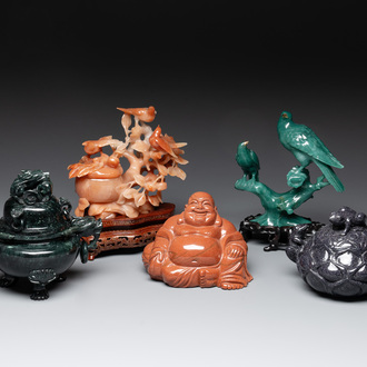 A Chinese emerald green jadeite 'birds' group, a goldstone Buddha, a carnelian group and two censers, 19/20th C.