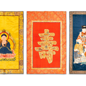 14178Three Chinese embroidered silk cloths with figural designs, 19/20th C.