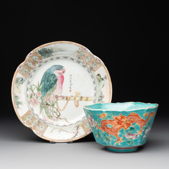 A Chinese famille rose 'parrot' plate and a turquoise-ground 'dragon' bowl, Daoguang mark and of the period