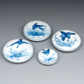 Four Chinese blue and white seal paste boxes in the style of Wang Bu, Yongzheng marks, Republic