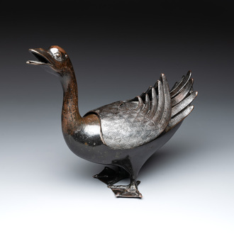 A Chinese bronze duck-form incense burner, Ming