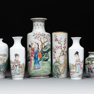 Six small Chinese famille rose vases, Qianlong and Hongxian marks, 20th C.