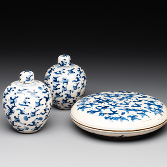 A pair of Chinese blue and white soft paste '100 boys' covered jarlets and a seal paste box, Kangxi mark, 19th C.