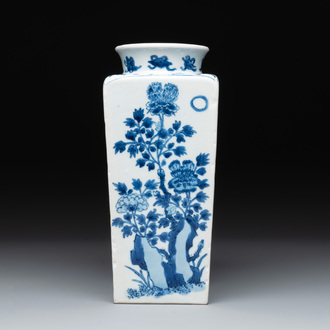 A Chinese blue and white square flask with floral design, Kangxi