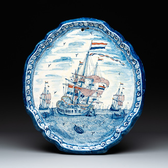 A fine polychrome Dutch Delft 'ship' plaque, 18th C.