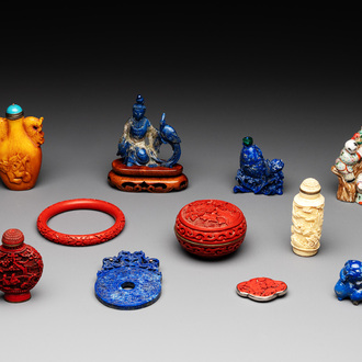 11 Chinese lacquer, carved stone and porcelain wares,  20th C.