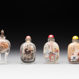 Four Chinese inside-painted glass snuff bottles, signed Meng Zishou 孟子受 and Ye Zhongsan 葉仲三, 20th C., one dated 1943