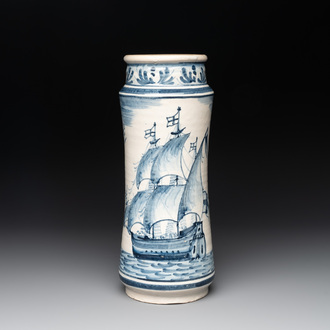 A large Catalonian blue and white albarello with a merchant vessel, Spain, 18th C.