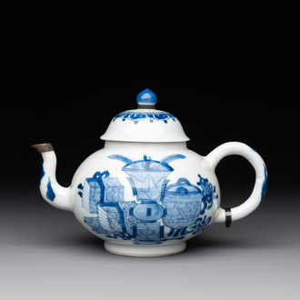 A Chinese blue and white 'antiquities' teapot, Jiajing mark, Kangxi