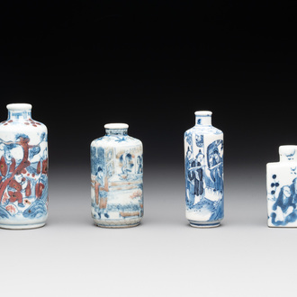 Four Chinese blue, white and copper-red snuff bottles with figural design, Yongzheng mark, 19th C.