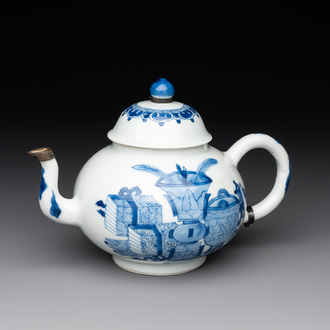 A Chinese blue and white 'antiquities' teapot, Jiajing mark, Kangxi