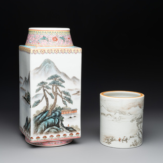 A Chinese famille rose 'cong' vase and a grisaille and iron-red-decorated brush pot, Jingdezhen mark, 20th C.