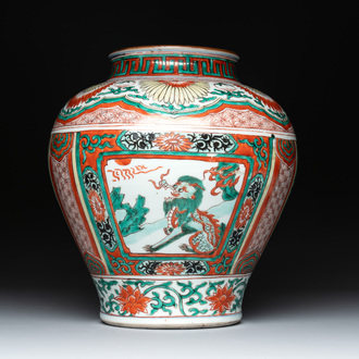 A Chinese wucai 'mythical creatures' vase, Transitional period