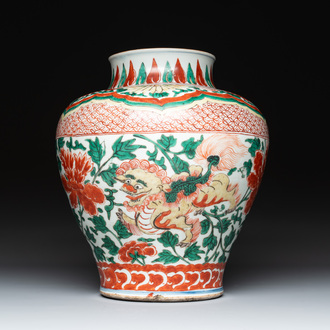 A Chinese wucai 'Buddhist lion and peony scroll' vase, Transitional period