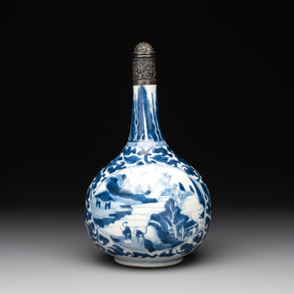 A Chinese blue and white silver-mounted 'landscape' bottle vase, Kangxi