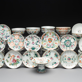 An impressive collection of 53 Chinese famille rose saucers, dishes and bowls, 19th C.