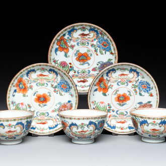 Three Chinese famille rose 'Madame de Pompadour' cups and saucers, Qianlong, ca. 1745