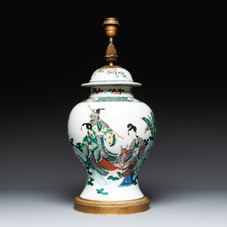 A Chinese famille verte vase and cover mounted as a lamp, 19th C.